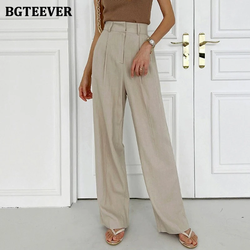 BGTEEVER Elegant High Waist Wide Leg Suit Pants Women Summer Pockets Loose Straight Trousers Women Cotton and Linen Pants