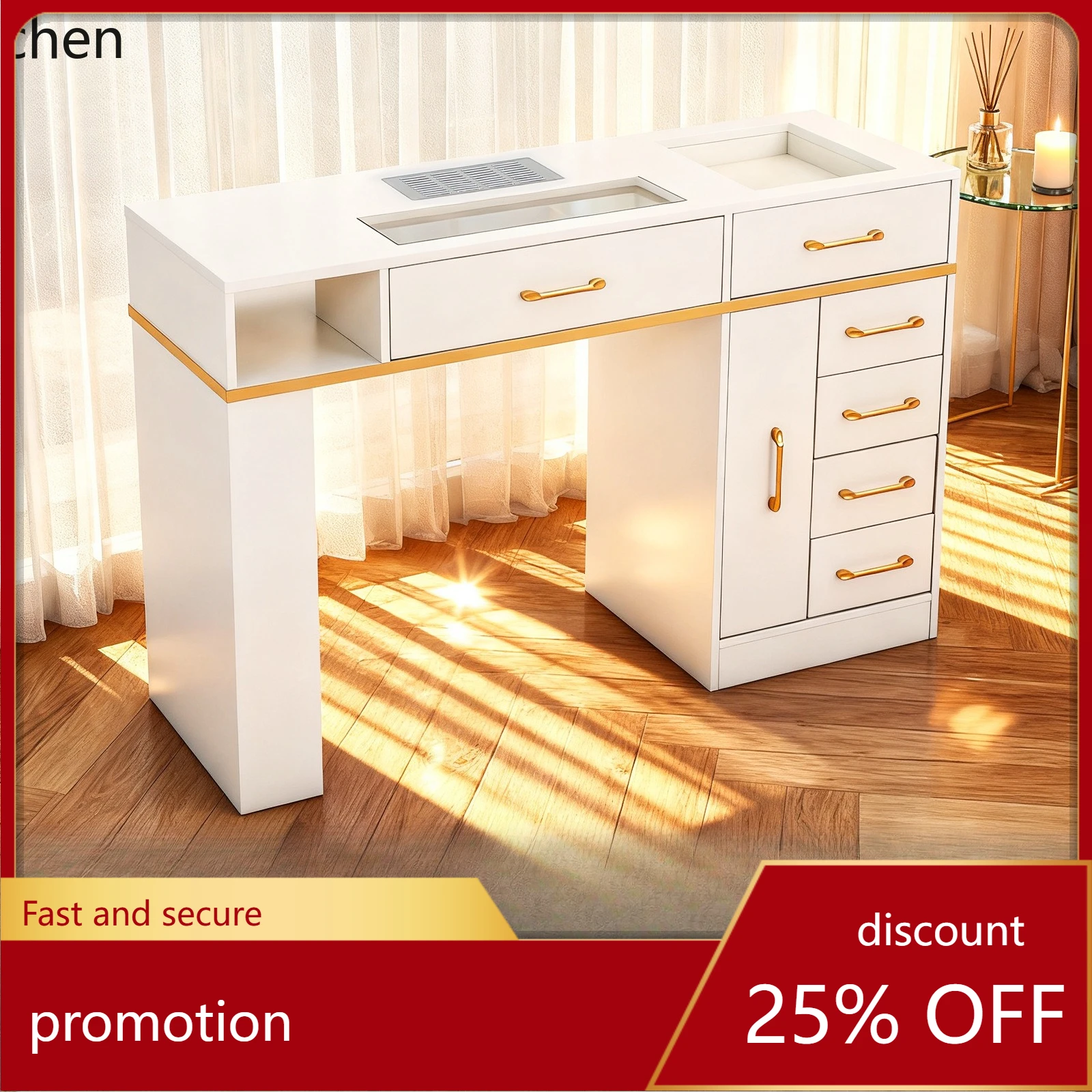 HXL White Manicure Table with Built-in Vacuum Cleaner and Multi-layer Drawers