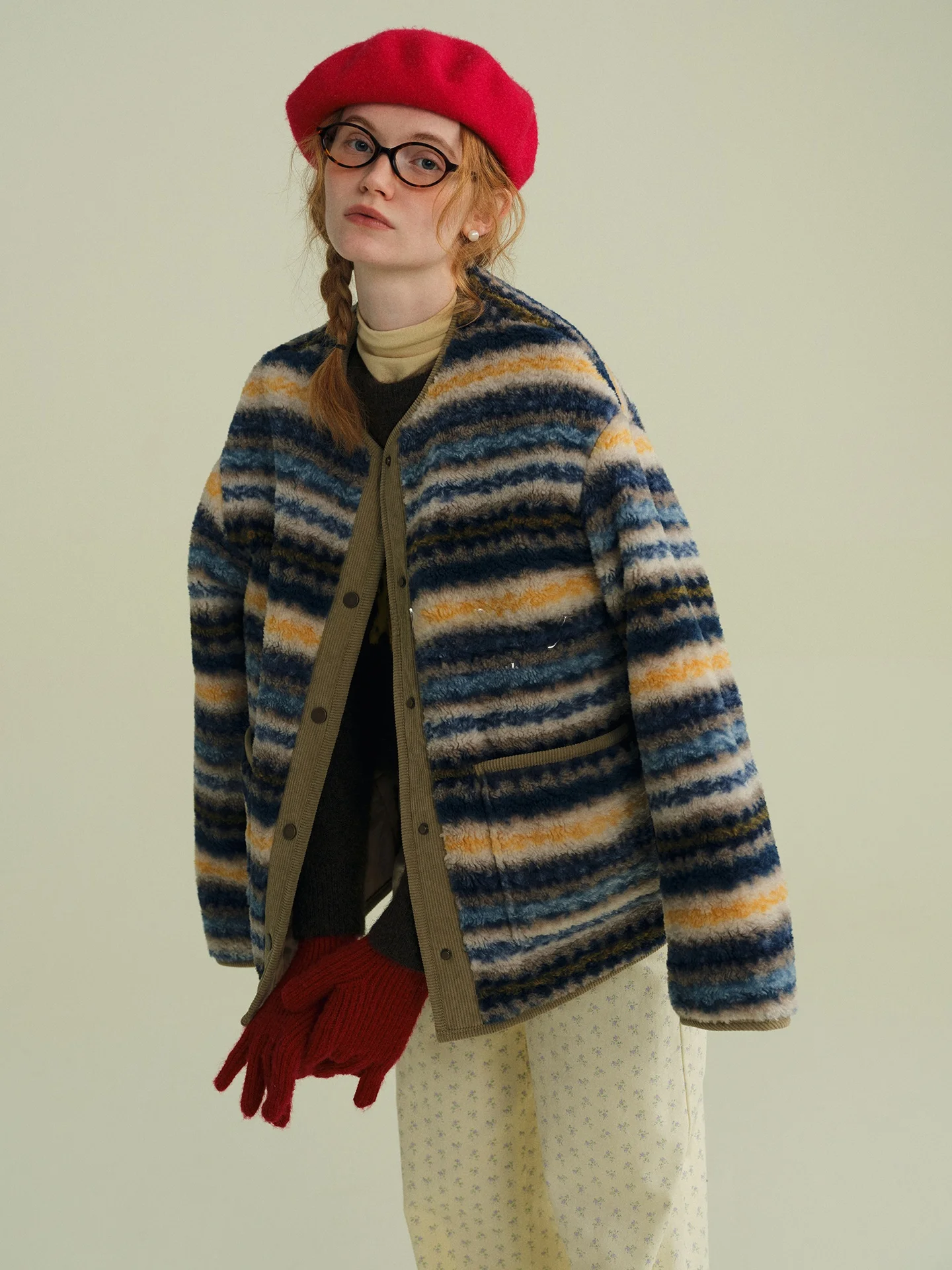 

Повседневная куртка Rina Berry из овечьей шерсти с цветными блоками и полосками, свободного кроя, женская, осенне-зимняя, модная верхняя одежда