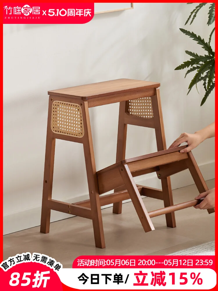 Foldable Bamboo Rattan Step Stool Multi-Function Entryway Footrest Ladder Chair Shoe Bench Organizer Climbing