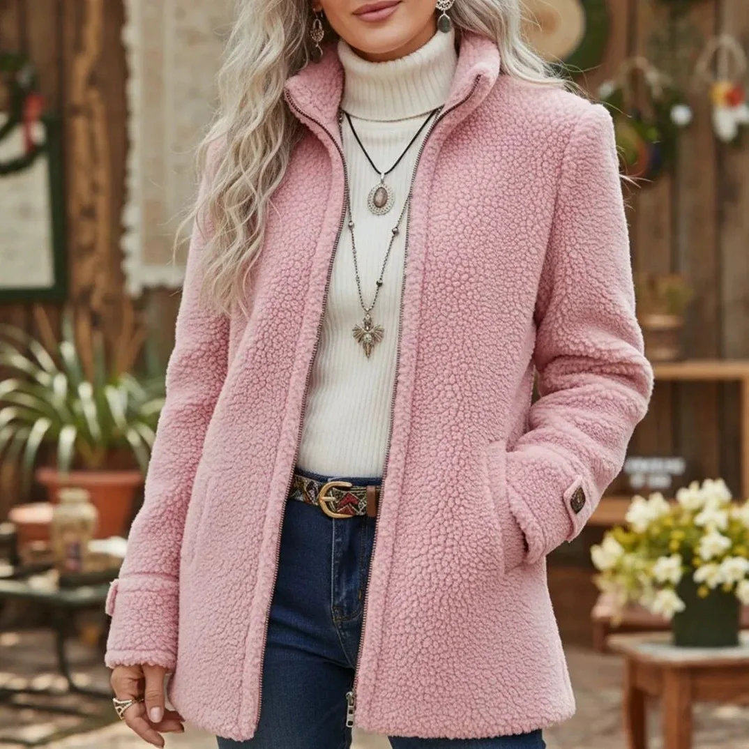 Europe, America, Women's Clothing Autumn And Winter Stand-up Collar Solid Color Loose Casual Fashion Long-sleeved Fleece Zipper