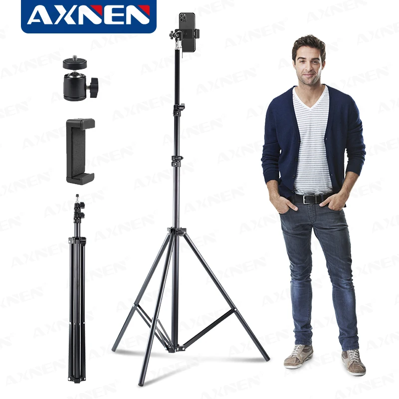 AXNEN 78,74 Zoll faltbares Stativ mit Telefonhalter-Clip, 200 cm, multifunktionales Stativ, leicht und vielseitig für Smartphones