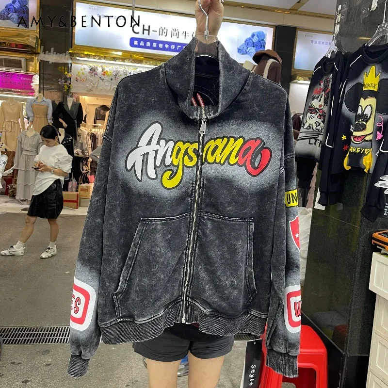

Heavy Industry Patch Embroidery Cartoon Cardigan Sweatshirt Jacket Women's Loose Casual Top Long Sleeves Zipper Pocket Hoodies