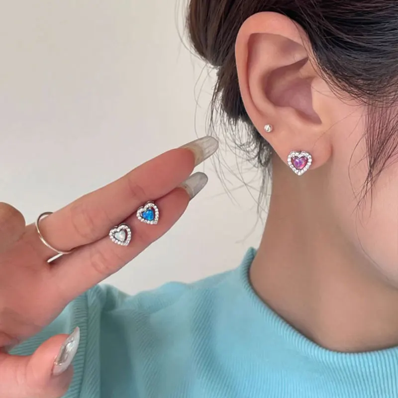 

100% 925 Sterling Silver Opal Love Heart Earring for Women Girl Zircon Hollow Out Design Jewelry Birthday Gift Dropshipping