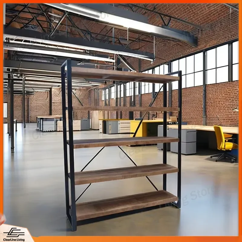 Modern Luxury Mango Wood Bookshelf Industrial Metal Open Display Stand Living Room Home Furniture Storage Rack Shelf Unit