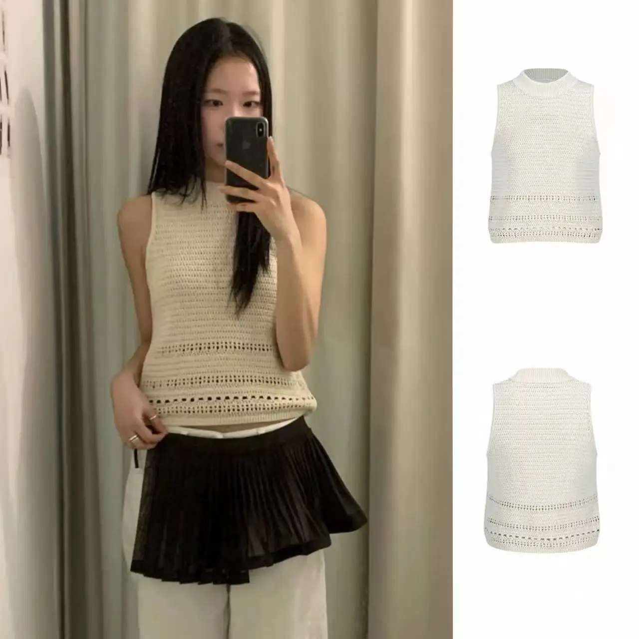 

Dongdaemun Short Knitted Vest Top Hollow out Design Korean Style Loose Fit round Neck Pullover Female Fashion Springwear
