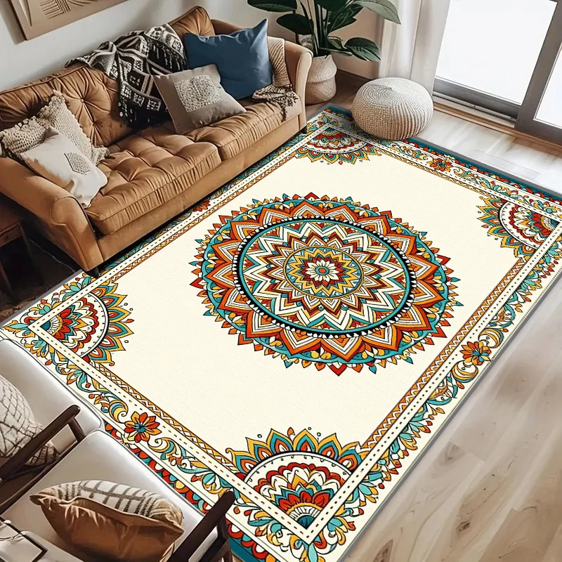 RAKKS 컨템포러리 보헤미안 러그 - 부드러운 크리스탈 벨벳 표면, 만다라 디자인, 거실 및 침실 홈 데코용 로우파일 매트