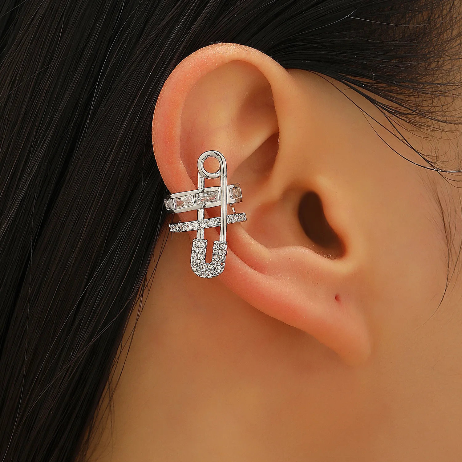 

Copper Zircon Safety Pin Ear Cuff Clip Earrings No Hole Unique High End Ear Clip For Women Sparkling Crystal Elegant Style