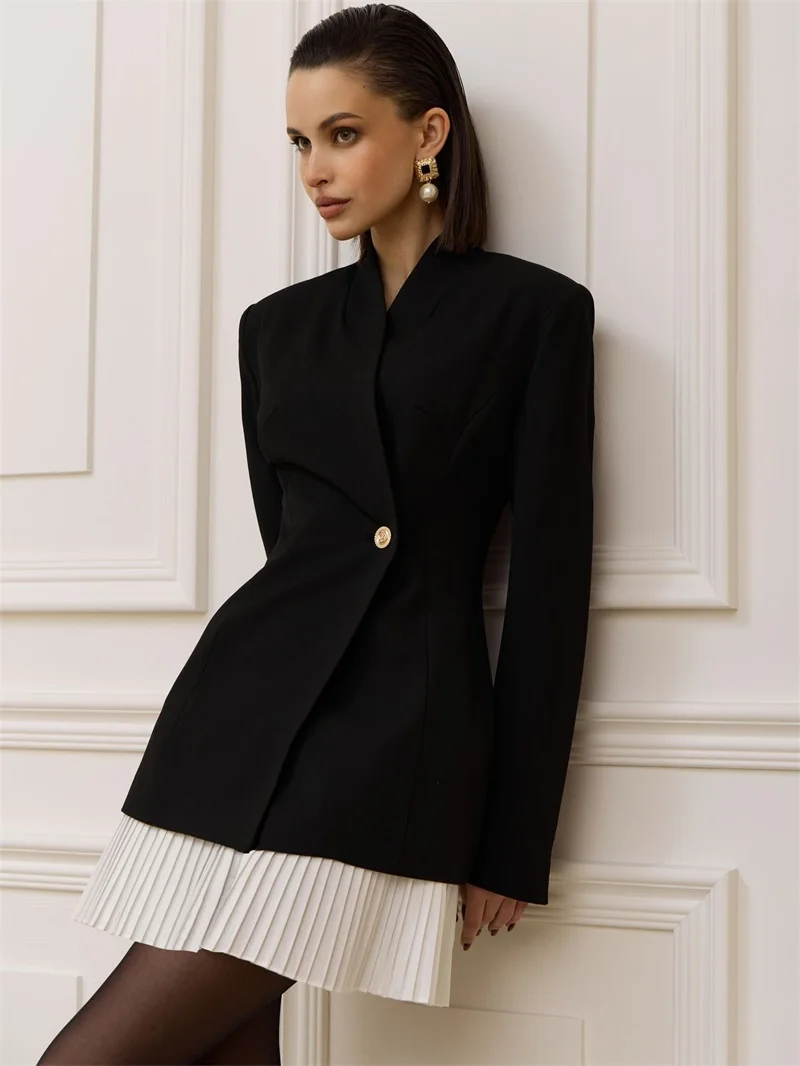 

Черно-белое платье для выпускного вечера, женский костюм, юбка, цельный длинный пиджак с оборками по подолу, официальное офисное женское праздничное платье, короткое мини-платье