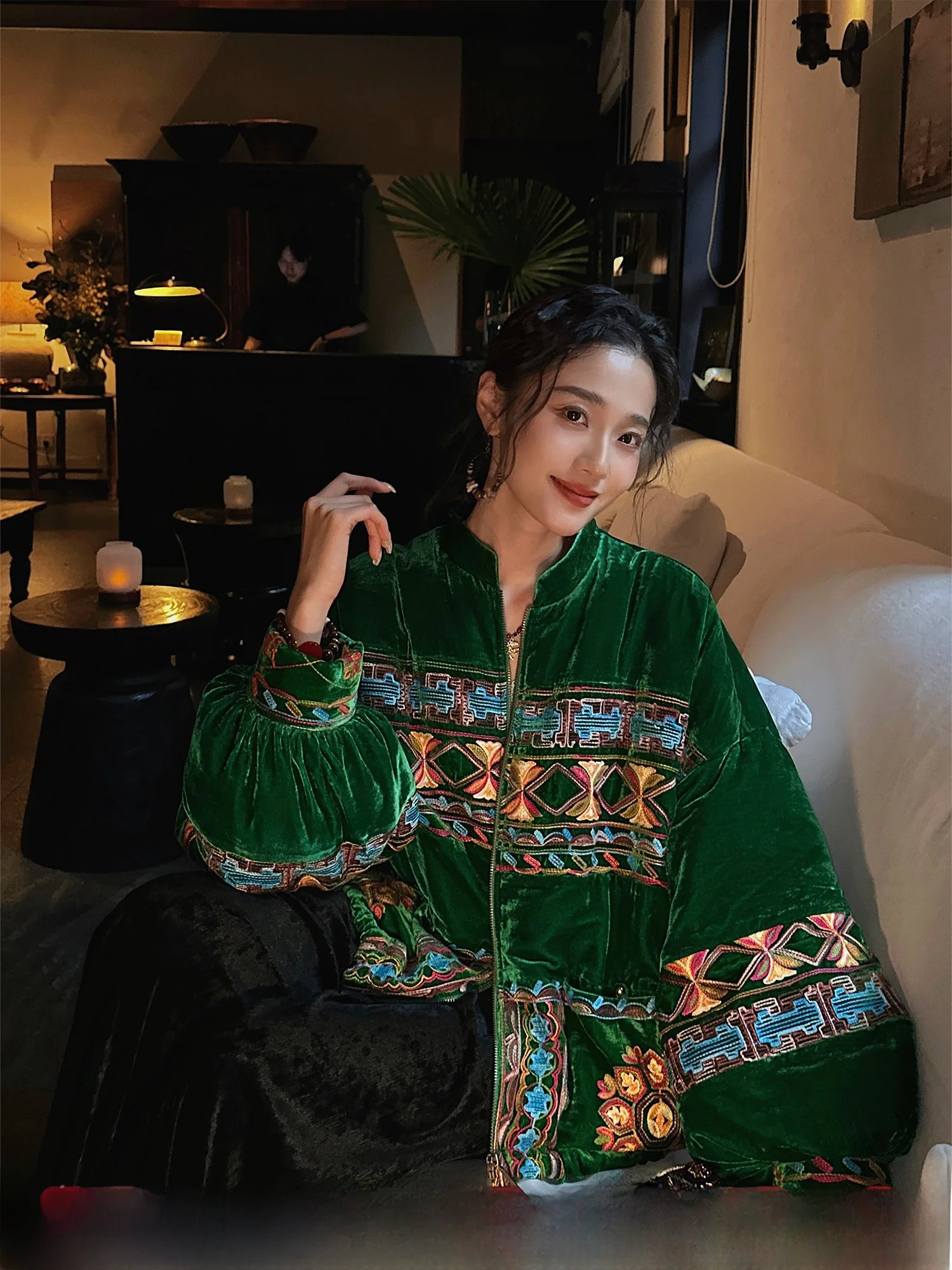 

Sanji Bla Flower New Chinese Sle Embroidered Goose down Jaet Women's Winter Velvet Long Coat Warm Thiened Geometric P...