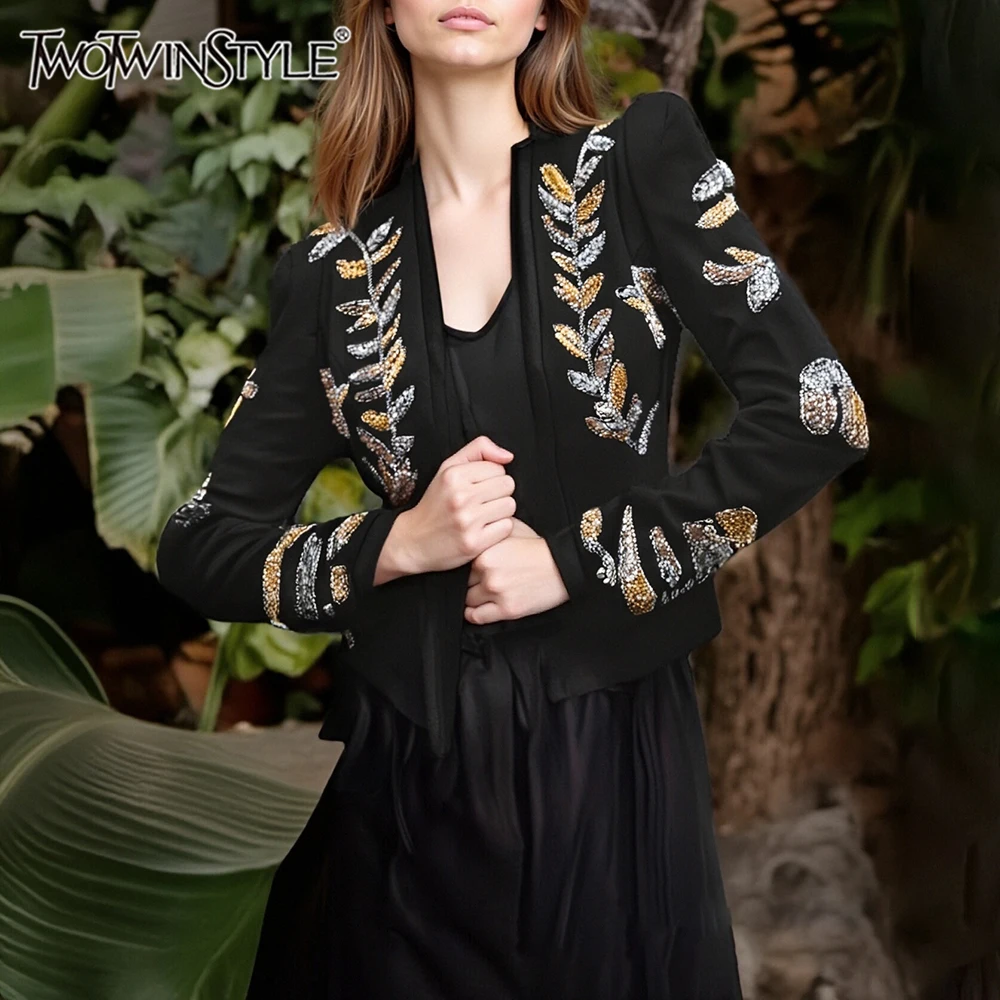 

TWOTWINSTYLE Slimming Spliced Embroidery Temperament Jackets for Women V Neck Long Sleeves Tunic Fashion Jacket Female Clothing