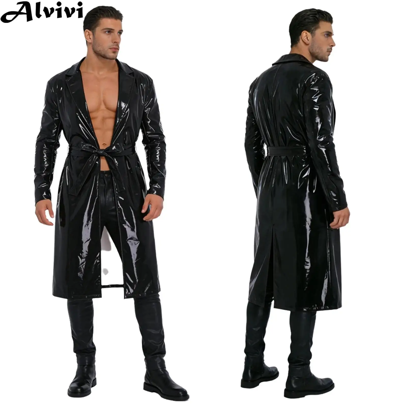 

Женский и мужской тренчкот из глянцевой искусственной кожи с длинными рукавами, открытым передом, отложным воротником, модная куртка, верхняя одежда с поясом, уличная и клубная одежда