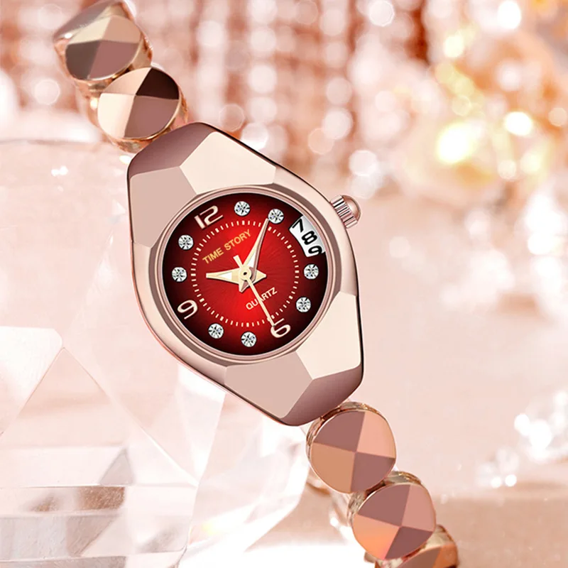 2023 Women Watch Rose Red Tungsten Steel Bracelet Ladies Quartz Clock Waterproof Calendar Relogio Feminino Reloj Mujer Montre