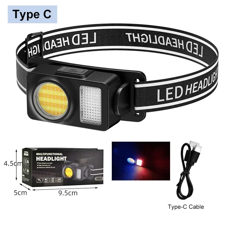 Ultra Powerful COB LED Headlamp USB to Type-C Rechargeable Battery Head Flashlight Torch Lantern Headlight for Fishing Camping