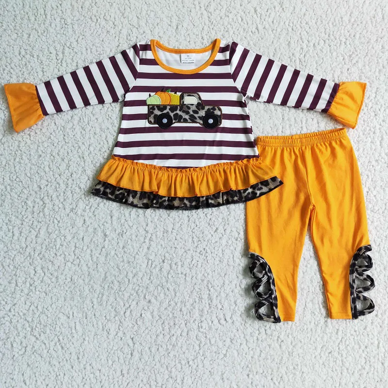 

New Spring And Autumn Fashion Leopard Embroidered Pumpkin Car Stripe Set Boutique Baby Girls Children Clothing Outfits