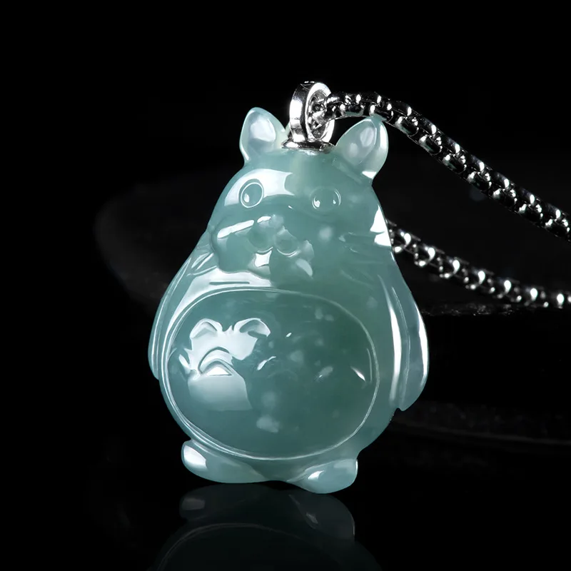 Blue Myanmar Jadeite Totoro Pendant Necklace Fashion Accessories Stone Vintage Gifts for Women 925 Silver Burmese Jade Designer