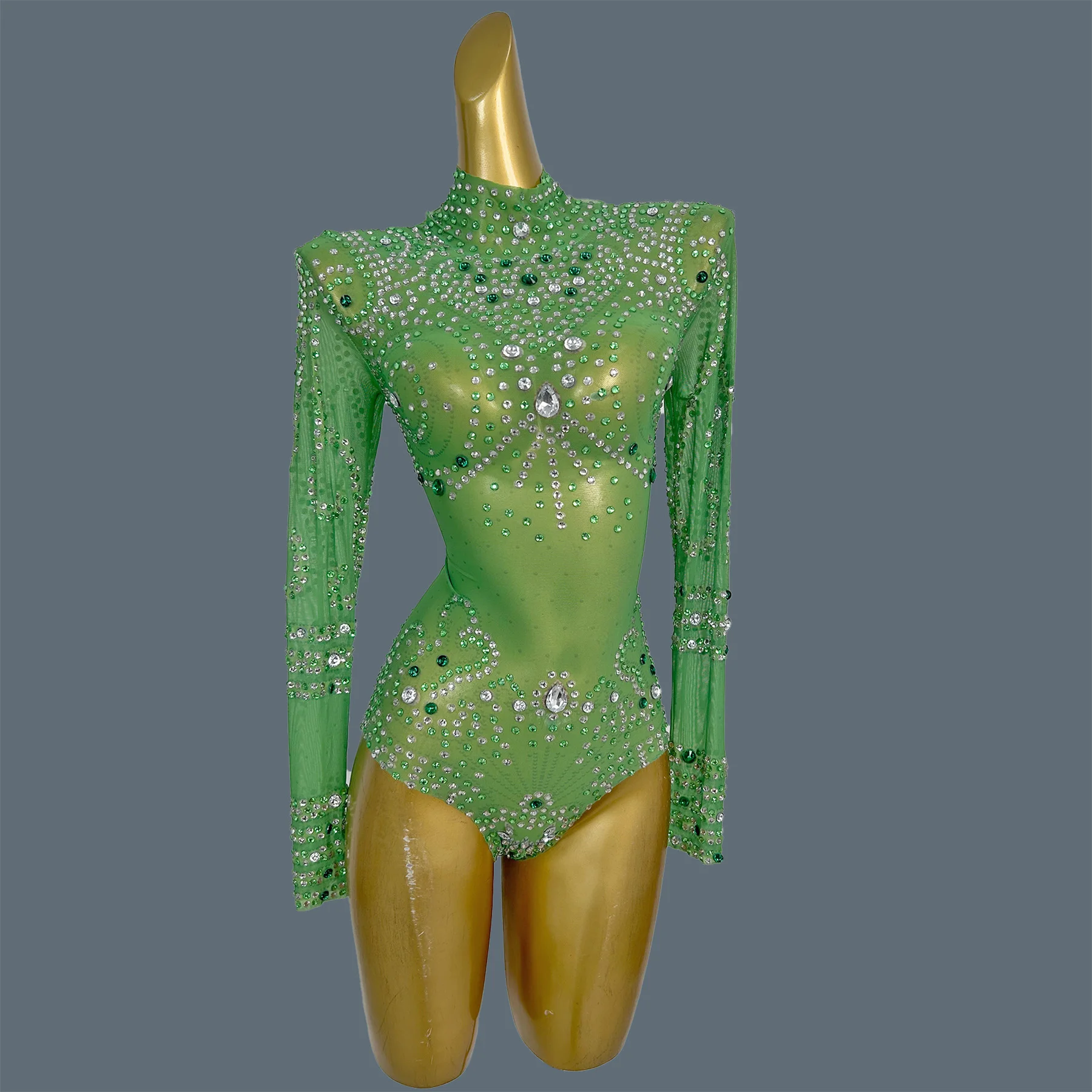 انظر من خلال بدلة الجسم الشبكية الخضراء سباركلي حجر الراين النساء ملابس الرقص فتاة الإستعراض طويلة الأكمام مثير ملهى ليلي تظهر الزي الطرف Jinse #1