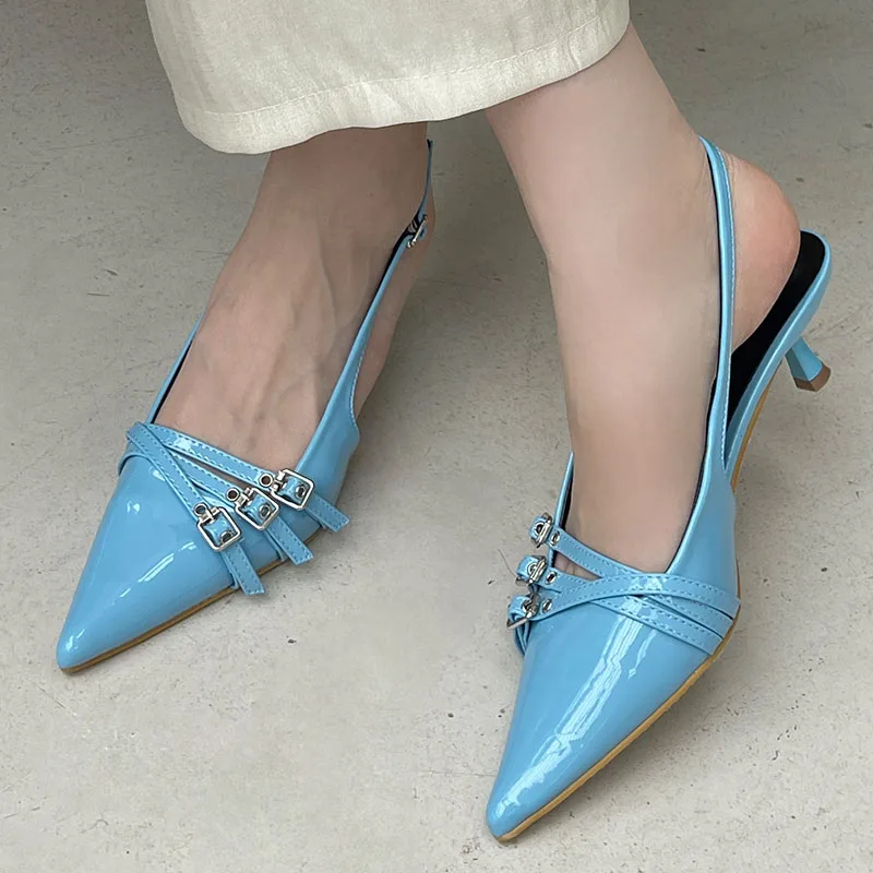 2024 Luxury Pink Footwear Medium Heels Pumps Shoes For Woman Female Metal Buckle Fashion Pointed Toe Ladies Heels Shoes Big Size