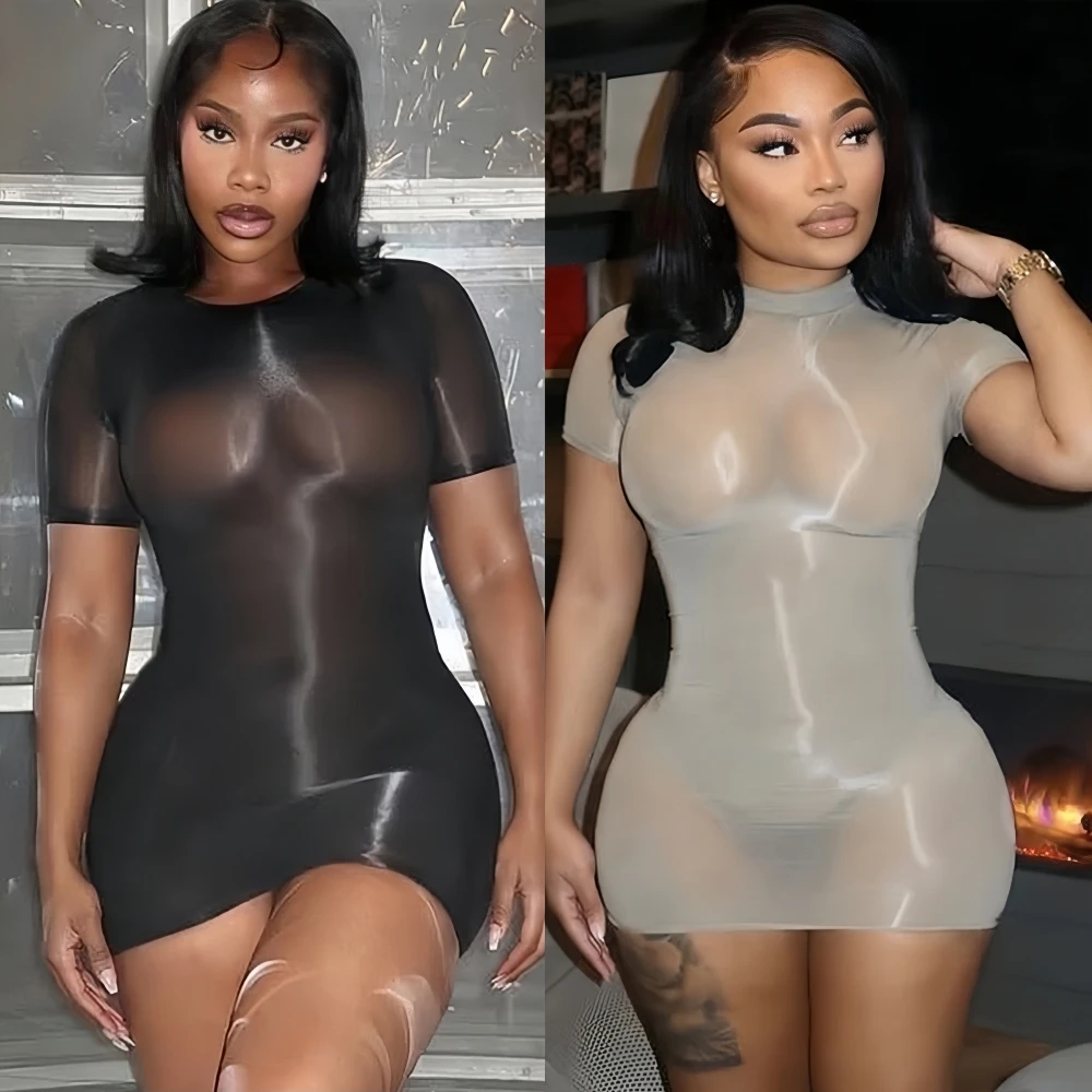 

FAGADOER Sexy See Through Bodycon Mini Dresses Woman Solid Color Short Sleeve Elasticity Dress Female Streetwear Vestidos 2026