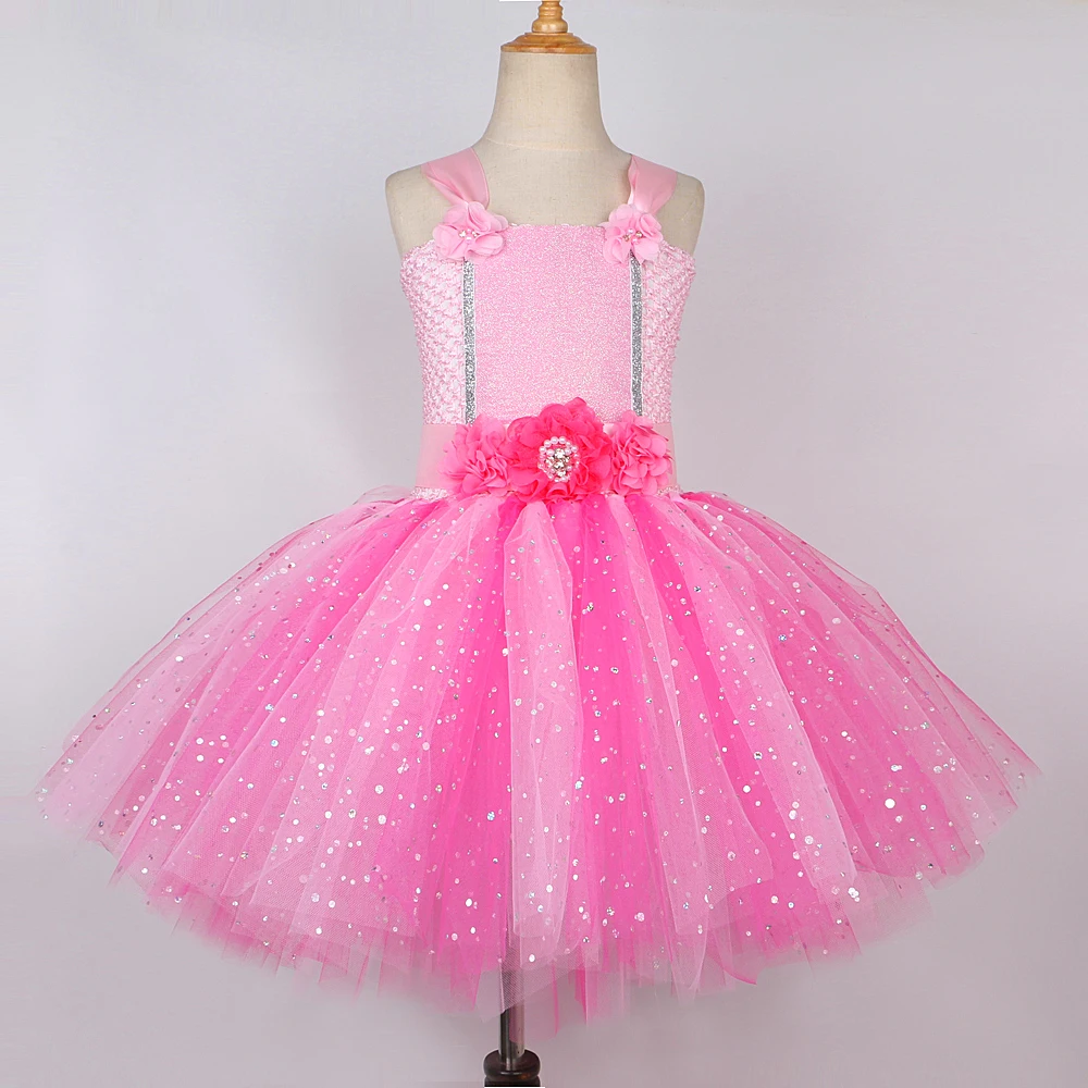 Sparkly Pink Fairy Tutu Dress for Girls Birthday Halloween Costumes for Kids Butterfly Wings Outfit Flower Girl Princess Dresses