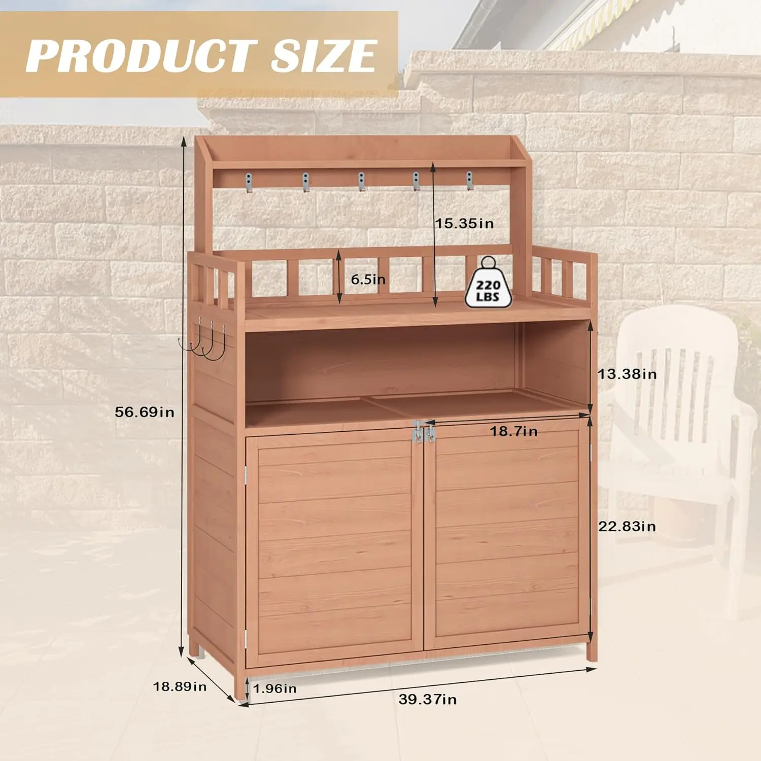 Outdoor Potting Bench With Large Storage Cabinet & Top Shelf, Classic Wood Gardening Workstation With Weather Resistant Frame,