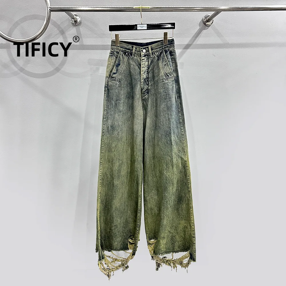 

High Street Dark RO Jean Pants Men's Retro Straight Tube Mop Floor Wash Gradient Yellow Craft Four Season Denim Pants