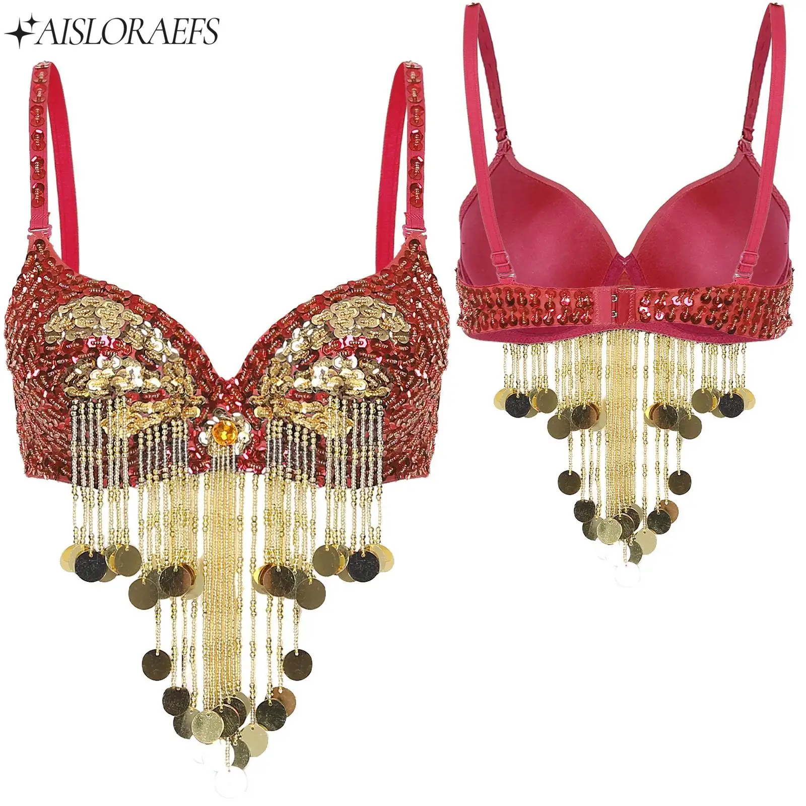 Costume da danza del ventre da donna, spalline regolabili sexy, paillettes lucide, nappe con perline in plastica, reggiseno di carnevale con ferretto