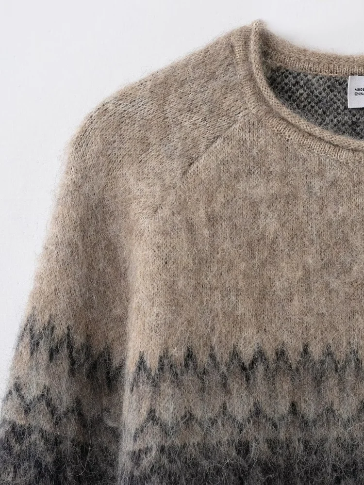 Automne motif géométrique à manches longues Jacquard tricoté hauts femmes couleur effet frottement pull pull ample femme tenue décontracté