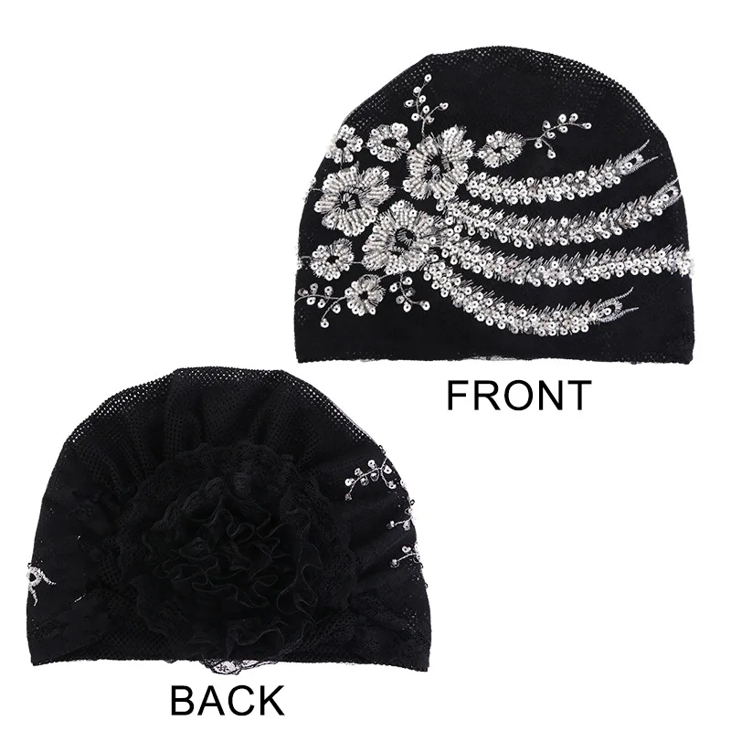 Embroidery Beading Women's Flower Lace Turban Cap Muslim Headscarf Head Wraps Caps Bonnet Ready to Wear Inner Hijabs