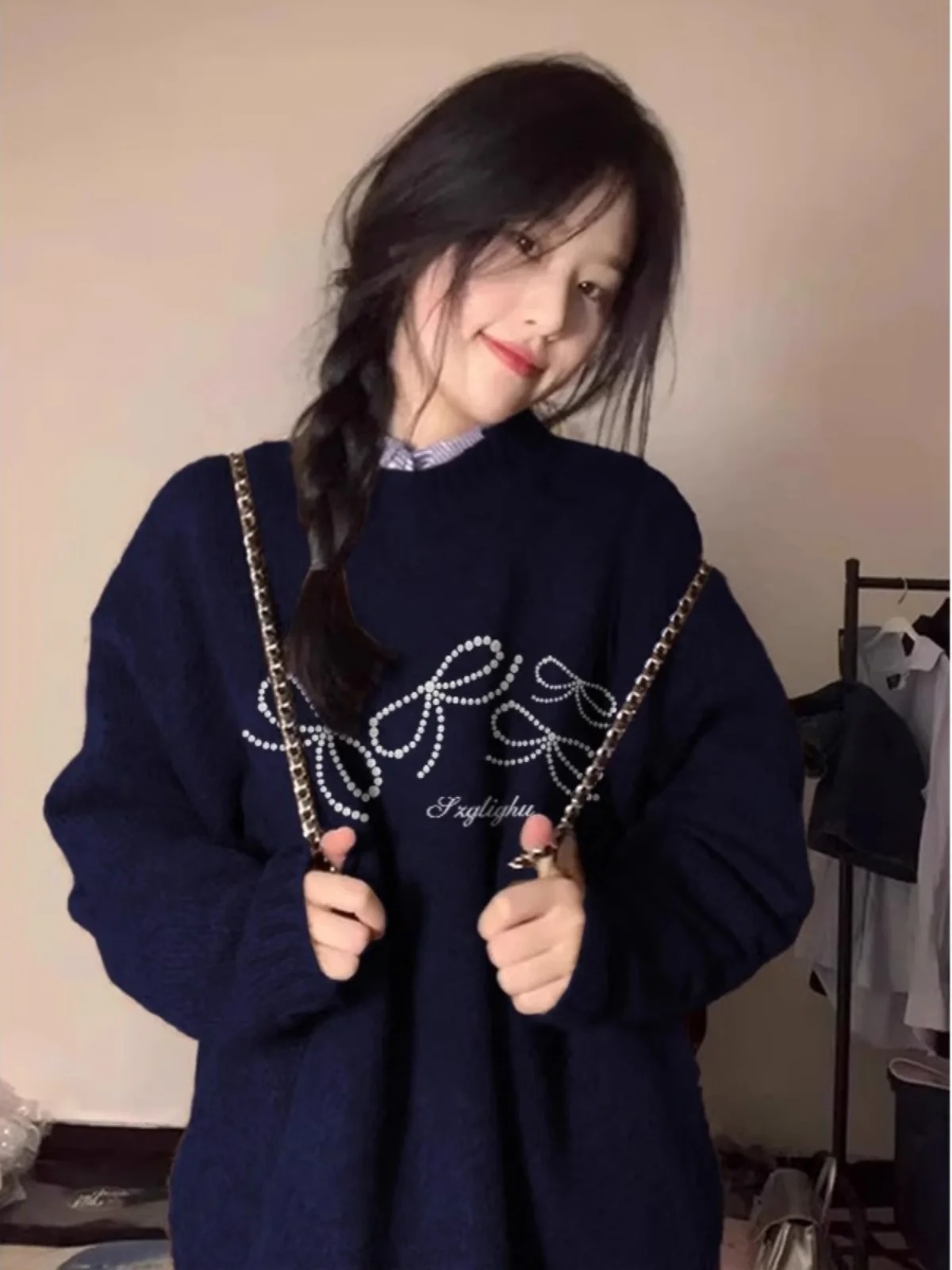 

Темно-синий вязаный круглый свитер больших размеров, женский мягкий уютный модный топ в американском стиле ретро на осень-зиму, Новое поступление