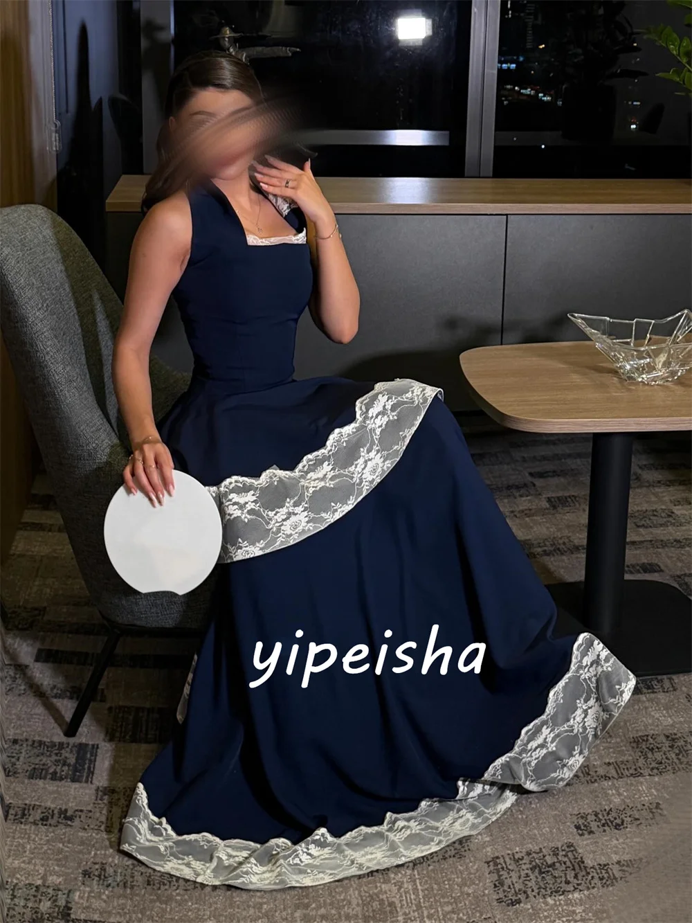 Customized Navy Blue Jersey Exquisite Classic Lace Tiered A-line Halter Long Dresses Evening Dresses Sizes Available Fashion
