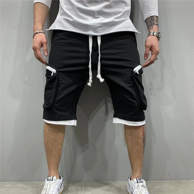 Calça de moletom solta masculina, calças curtas para corrida, streetwear esportivo de fitness, bolso múltiplo, novidade verão,