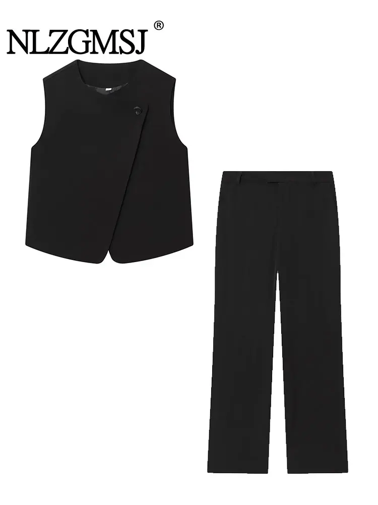 

NLZGMSJ Casual Chic Women Suit Solid Sleeveless O-Neck Button Vest Long Straight Pants New Fashion 2025 Autumn Sets