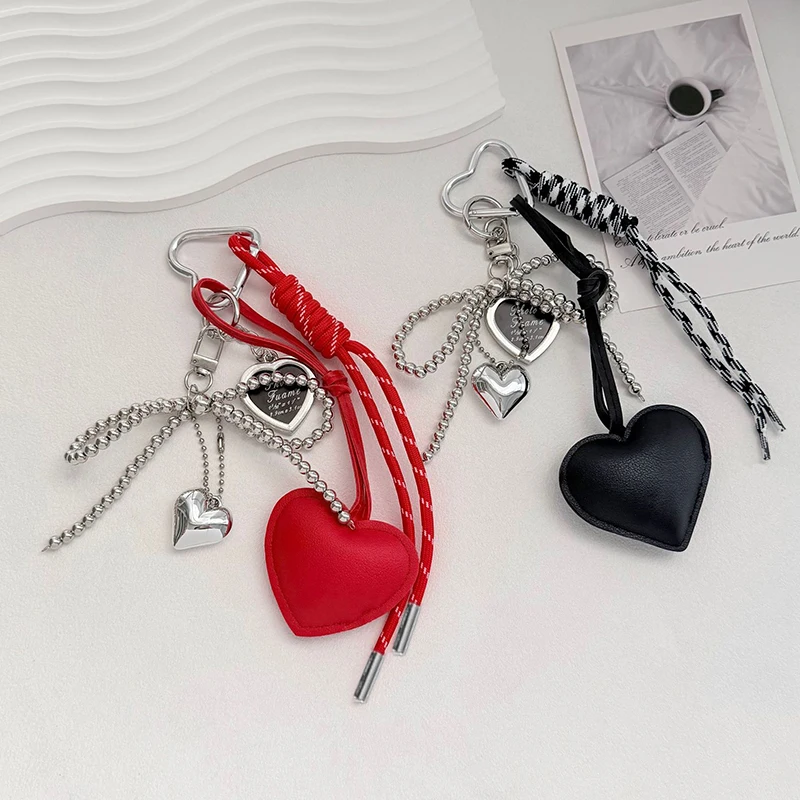 Leather Heart Bow Keychain for Girls Delicate Beaded Keyring Car Key Holder Bag Pendant Gift