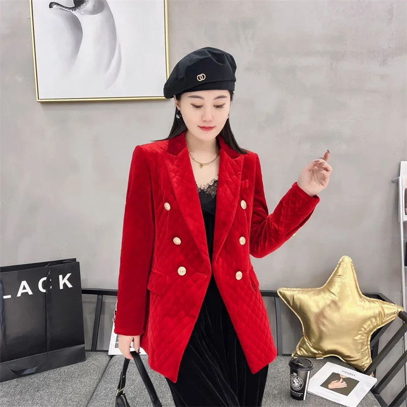 2023 Autumn/Winter Women New Velvet Cotton Coat  Double Row Metal Button Slim Warm Cotton Coat Female High End Cardigan Blaze