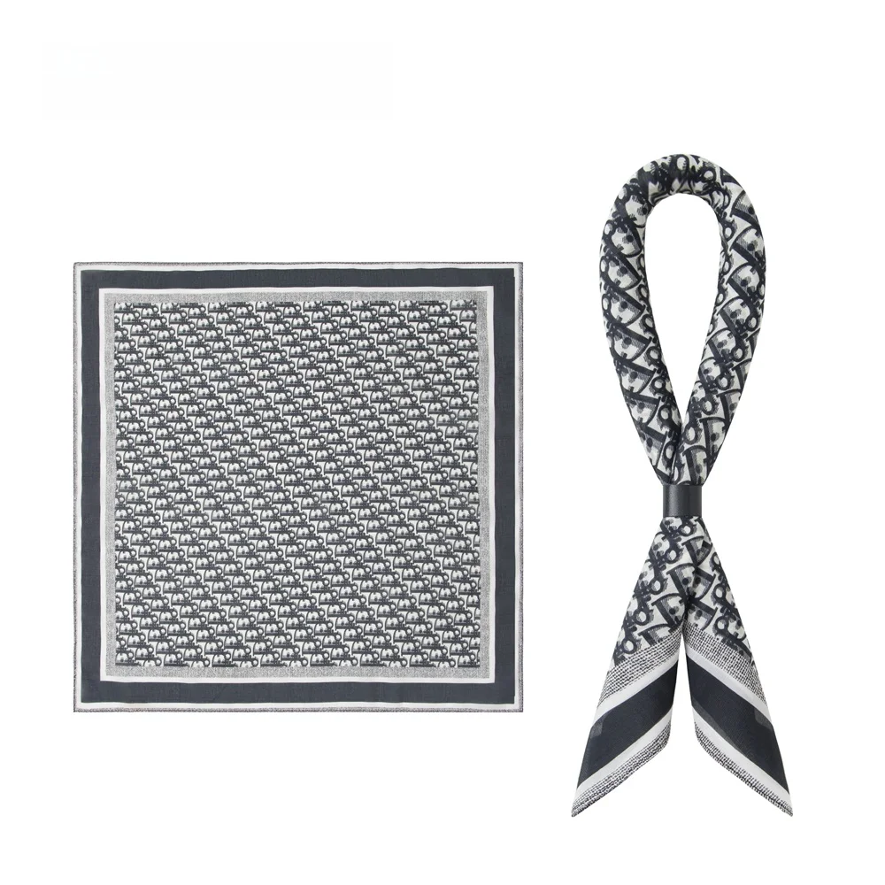 ビジネス通勤カジュアルスタイルブラックグレートーンレトロクールパターンシルクスカーフ男性女性ユニバーサル装飾植物花柄