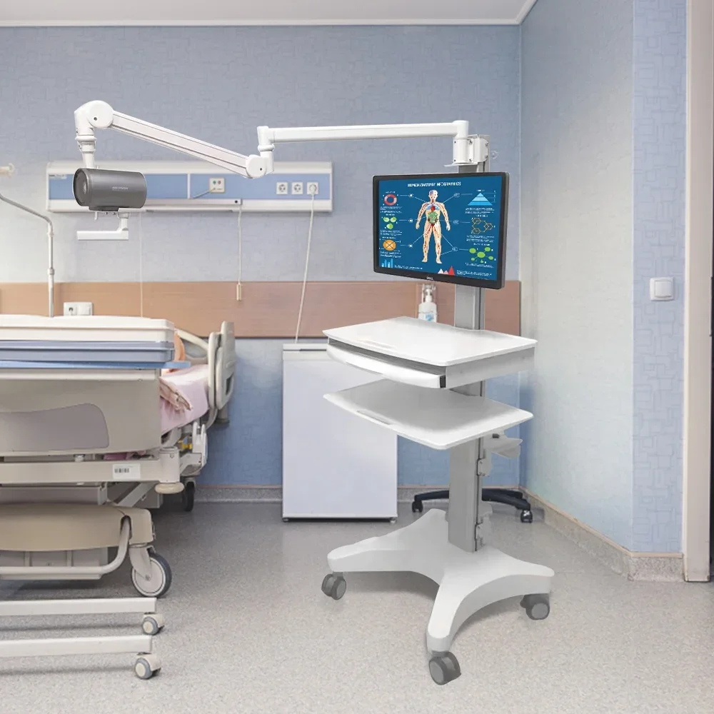 Height Adjustable ABS Plastic Mobile - Computer Workstation Cart Trolley With Wheels For-Clinic Lab