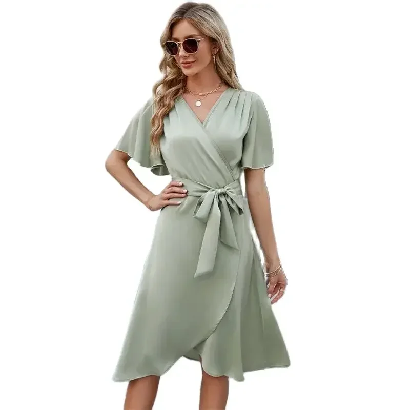 

Fashion Crossover Deep V Neck Dresses Women High Waist Lace-up Satin Dress Flared Short Sleeves Gown Female Commuter Midi Frock