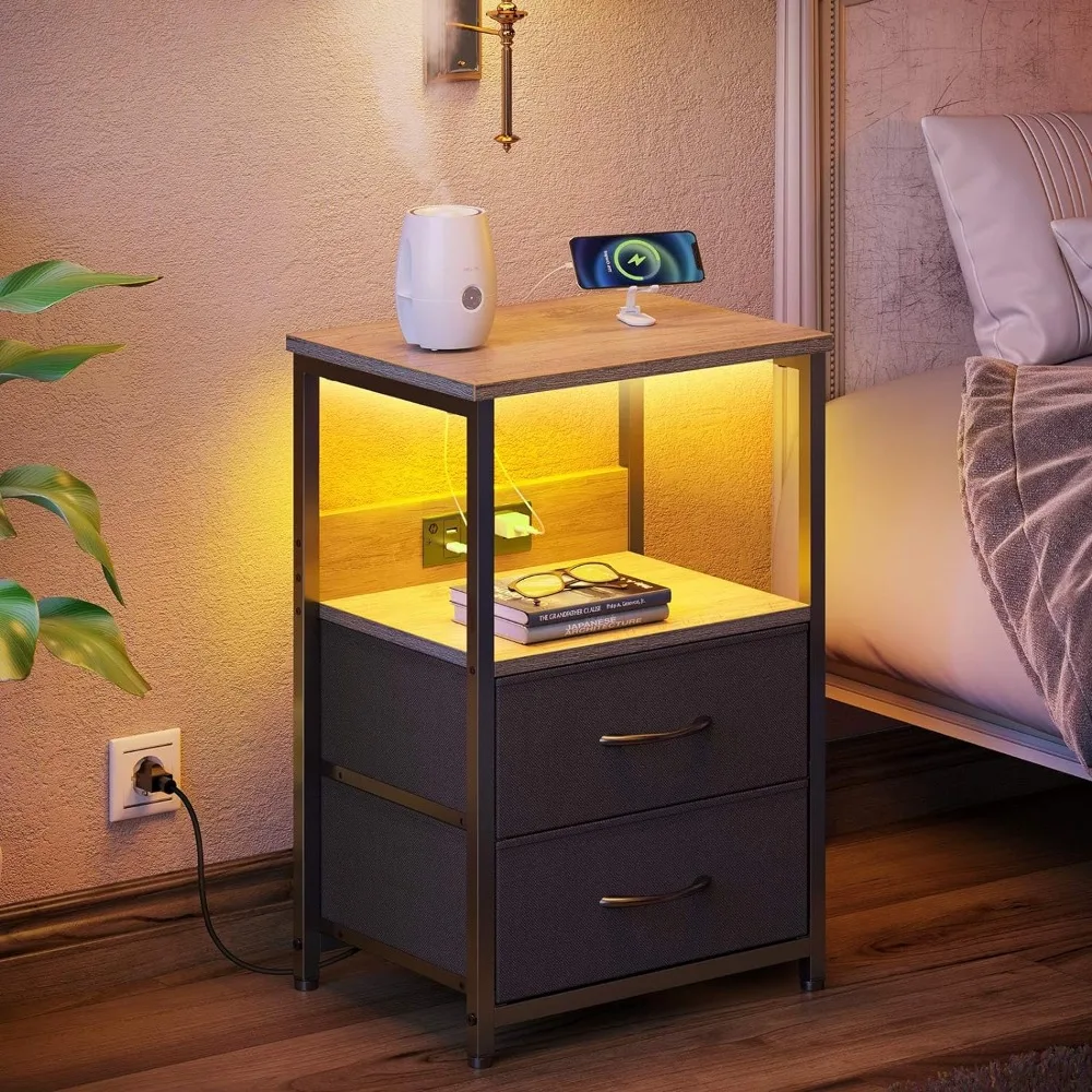 Nightstand with Charging Station, Bedside Table with LED Lights, Night Stand with 2 Fabric Drawers