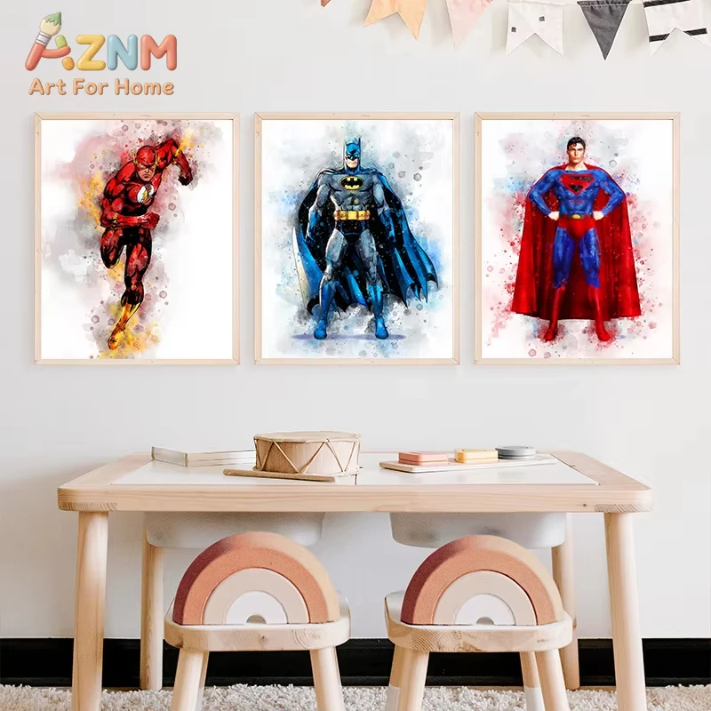 1_3pcs Superhero Batman Art Prints Watercolor Posters Boys Gifts Superman Canvas Painting Kids Room Wall Pictures Decor