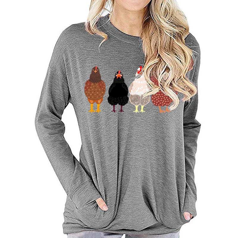 Women Chicken Fall Long Sleeve T-shirts Country Life Lovers Long-sleeved T-shirt Funny Chicken Animals Farmer Farm Classic Tops