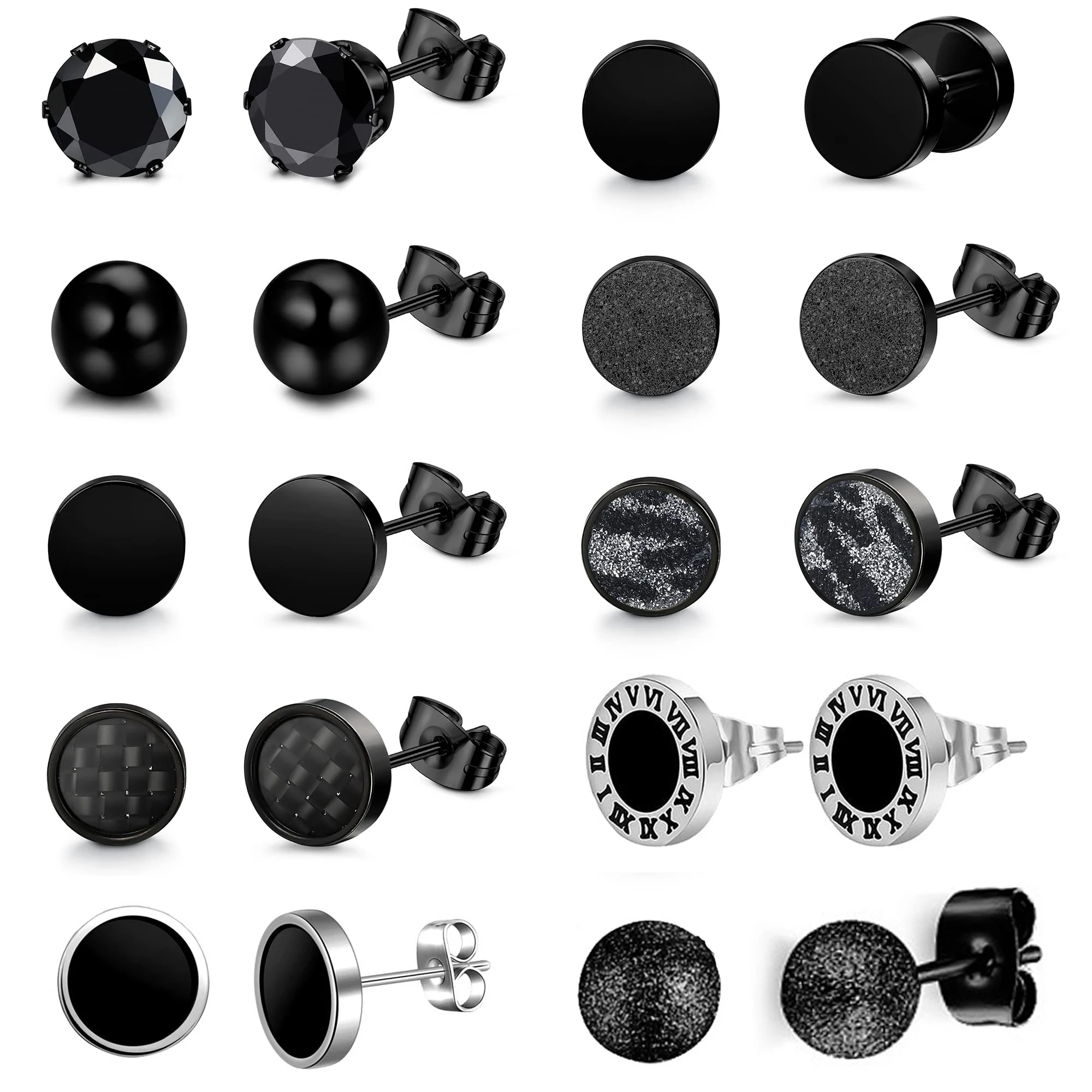 1 Pairs Black Earrings for Men Women Stainless Steel Black Stud Earrings Round CZ Stud Earrings Set 8MM