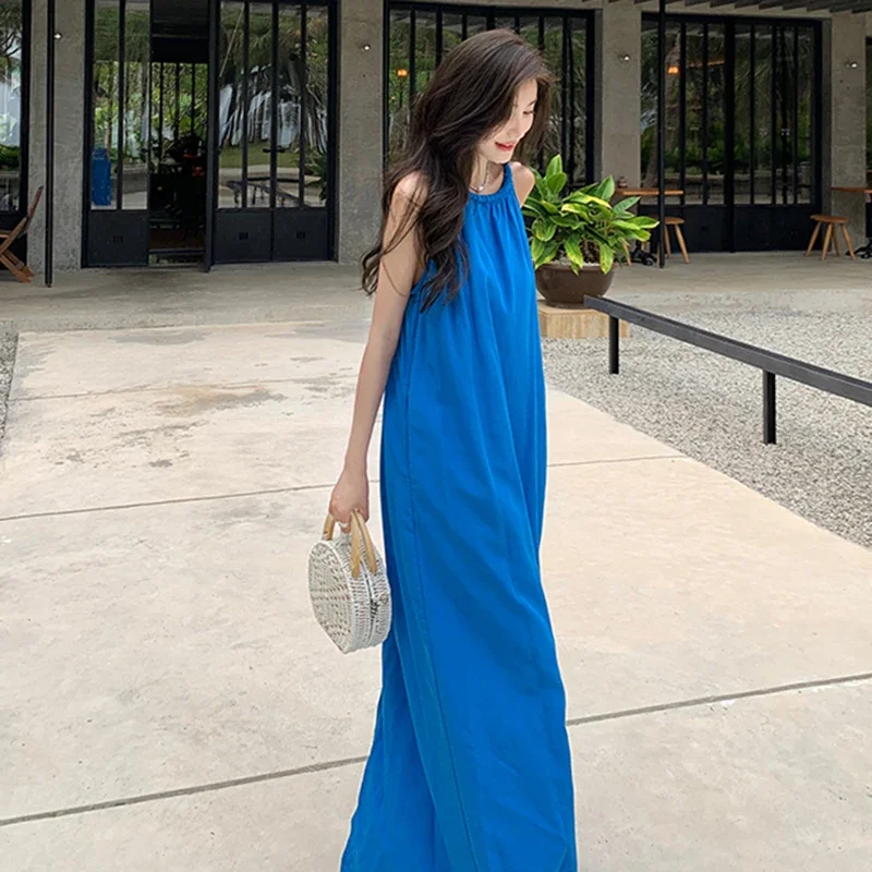 New Blue Midi Summer Women Chic Dresses with Split 2024 Simple Loose Robe Beach Vacation Casual Long Sundress French Lazy Style