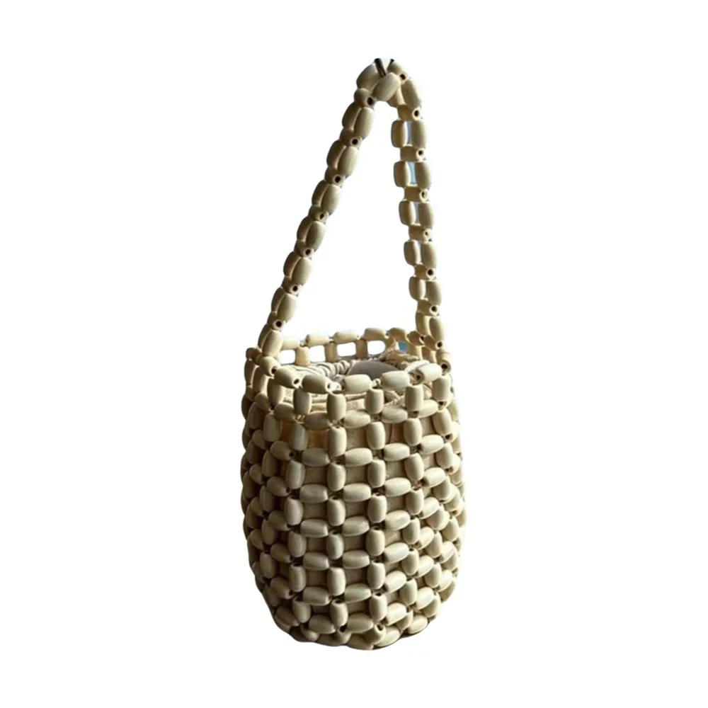 Creative Handmade Beaded Woven Bag Boho Mini Hollow Bucket Bag With Inner Pocket Solid Color Openwork Bag Summer