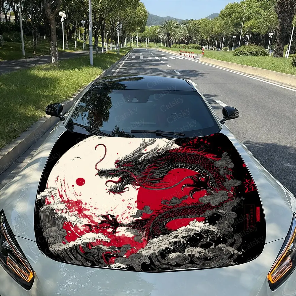 

Japanese Style Black Dragon Pattern Car Vinyl Wrap, PVC Waterproof Car Hood Vinyl Wraps Sticker