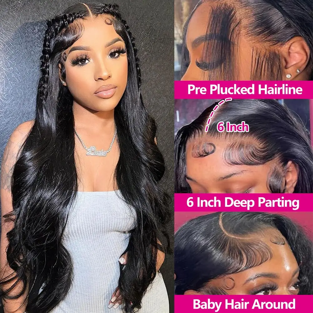 Natural Color 1B 13x6 Inch HD Lace Body Wave  200% Density Lace Front Wigs Human Hair Transparent Lace