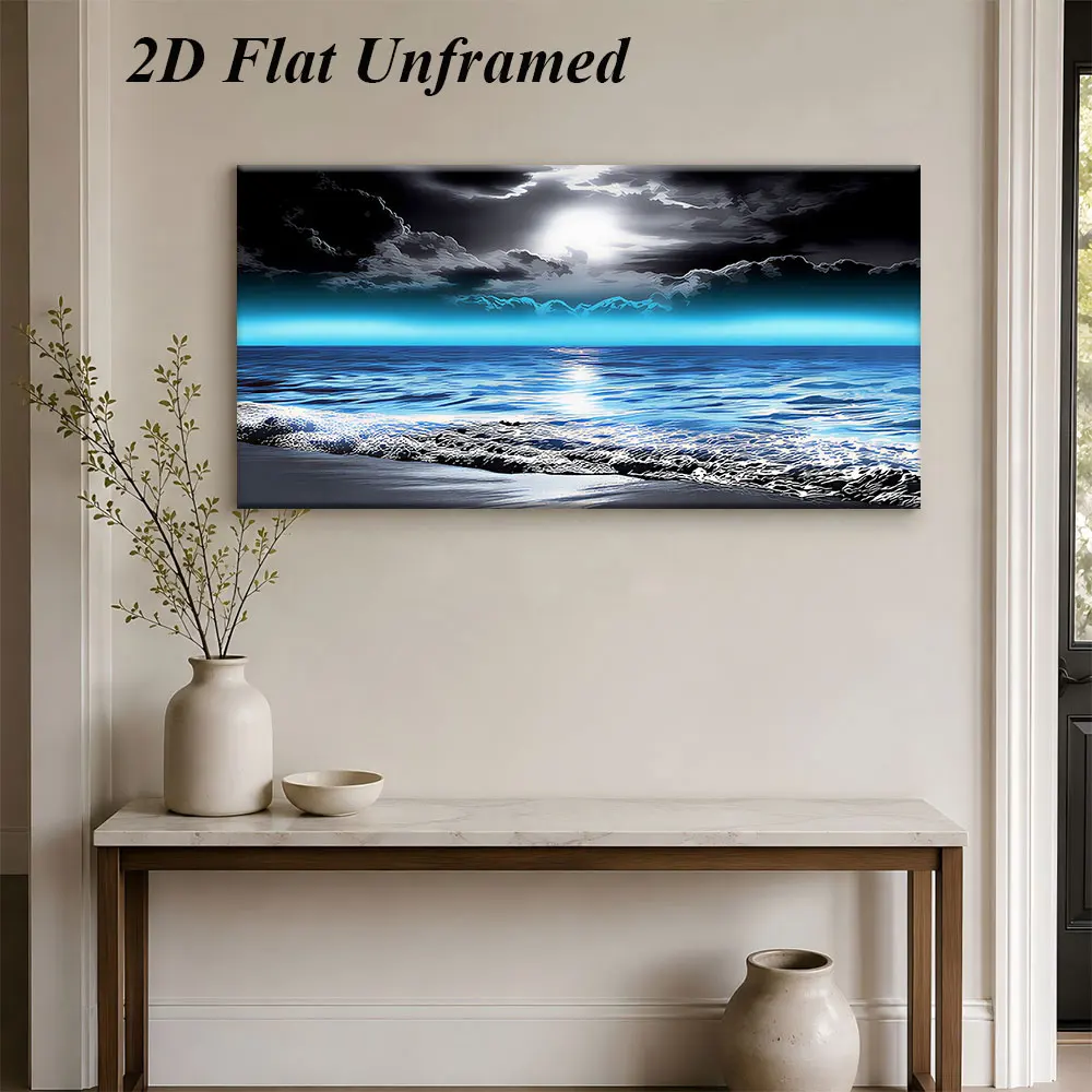 1 piece of frameless decorative painting of moonlit sea view, depicting waves, beaches, moonlight, and sea view, 2D plan