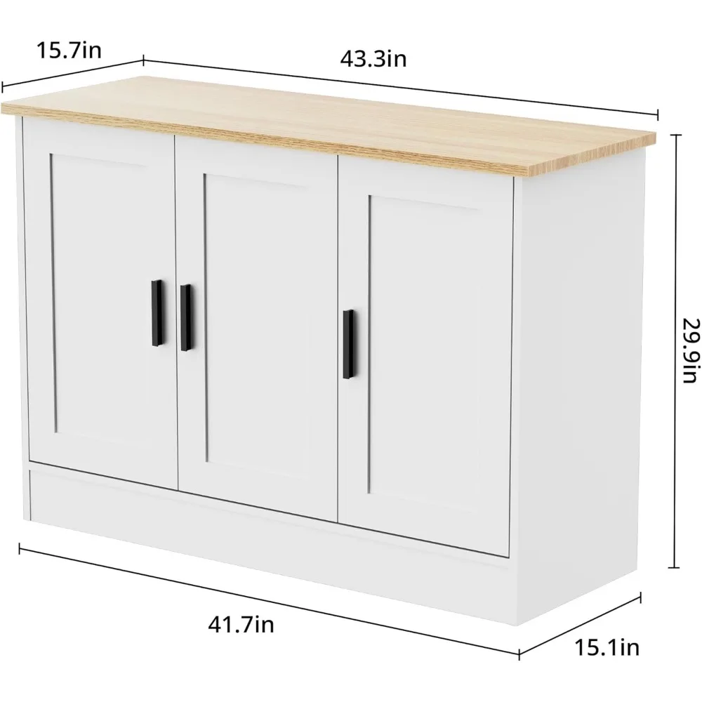 خزانة بوفيه بيضاء بثلاثة أبواب مقاس 43.3 بوصة، وبار قهوة مع رف قابل للتعديل، وخزانة جانبية للمطبخ لغرفة المعيشة والمطبخ