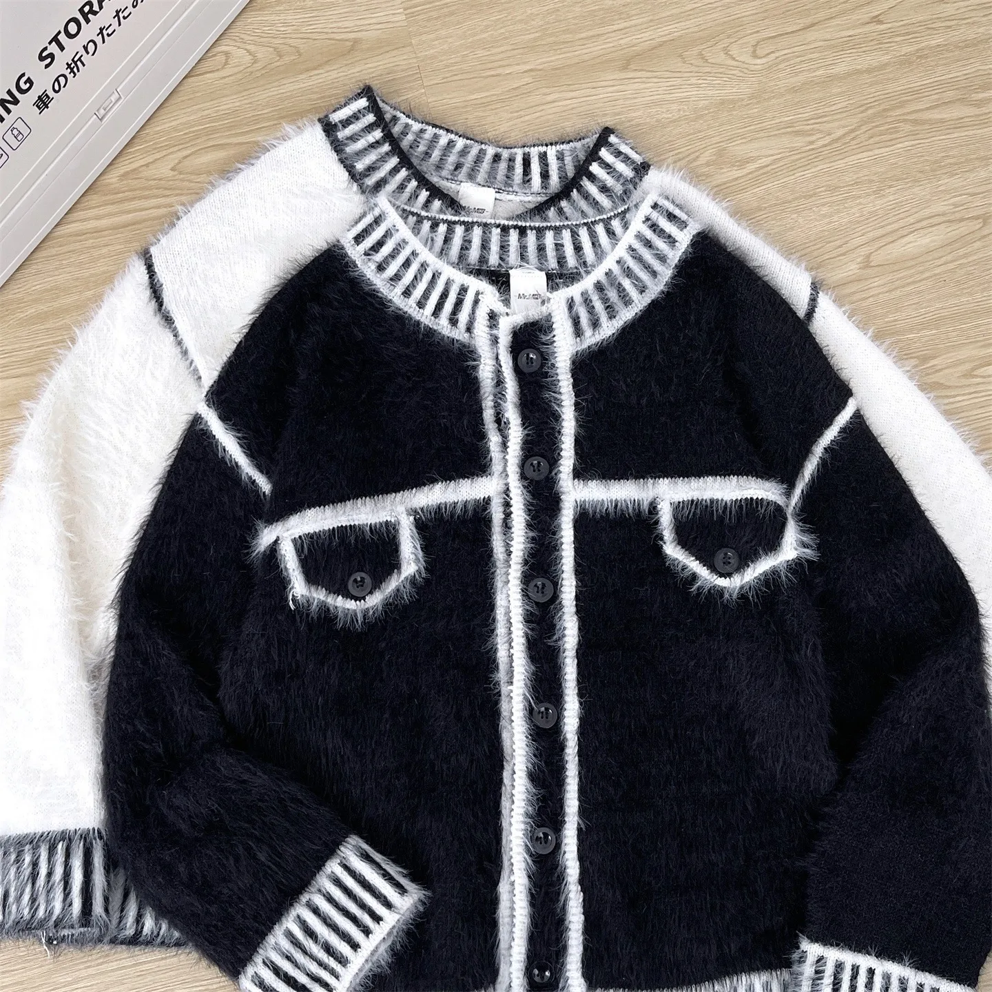 Персонализированный вязаный свитер, контрастный контур, уличная одежда, вязаный кардиган с круглым вырезом, осень-зима, стильный красивый свитер