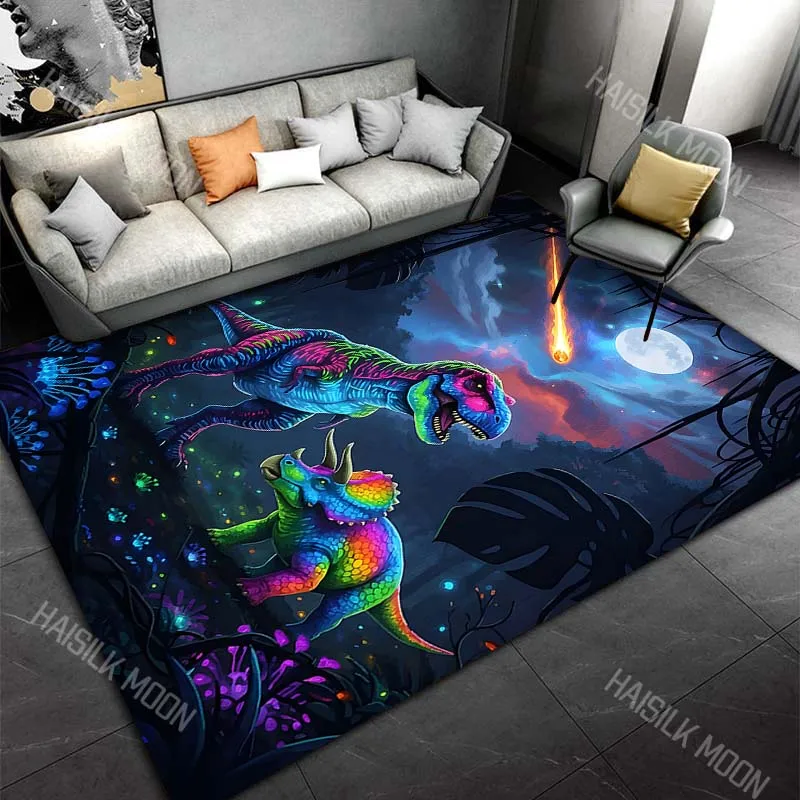 Glowing dinosaurs under meteor sky Print Carpet Rug for Living Room Bedroom Sofa Doormat Home Decor Non-slip Floor Mat